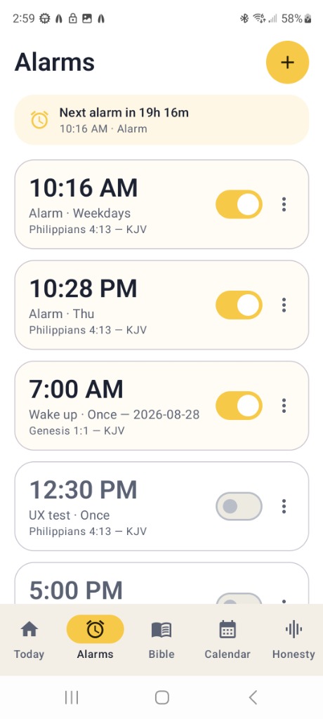 Honesty Smart Alarms Screen with Scripture verses and next alarm countdown