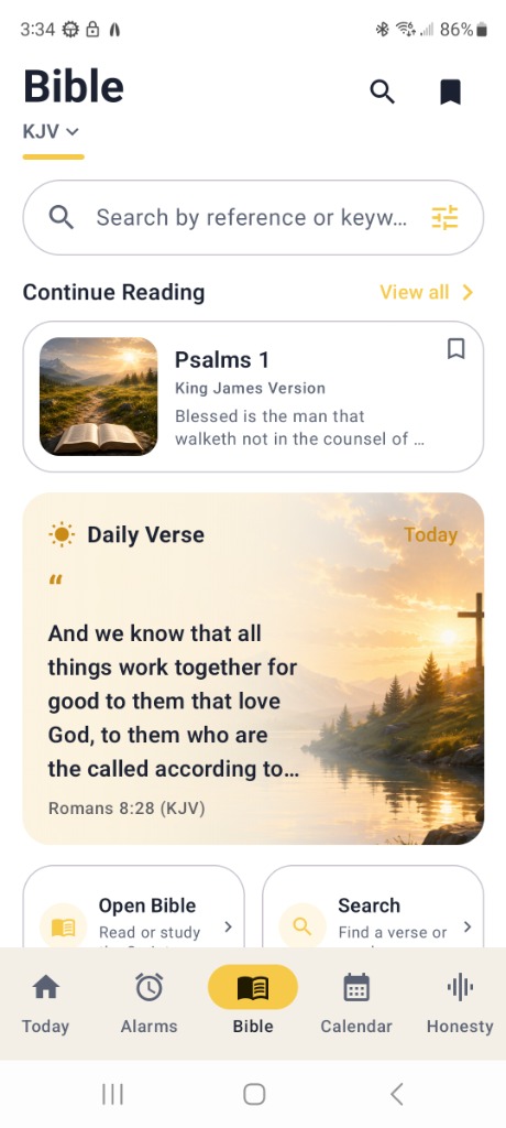 Honesty Bible reader with Daily Verse from Romans 8:28, KJV Psalms 1, and search tools