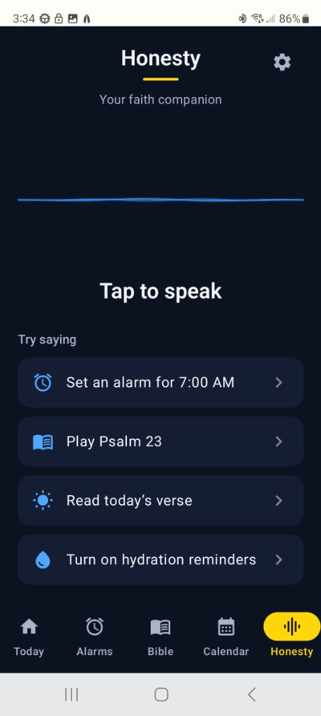 Honesty Voice Companion screen with Tap to Speak and quick action suggestions